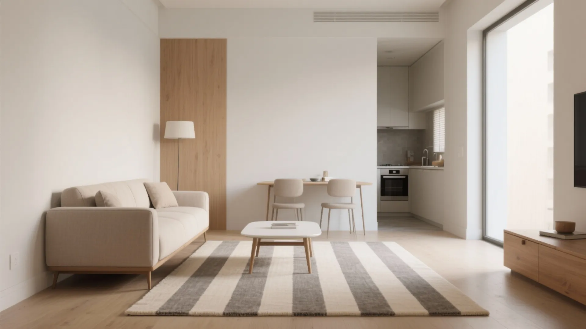 Minimalist living room with striped rug cream sofa white walls wooden floor and small kitchen area