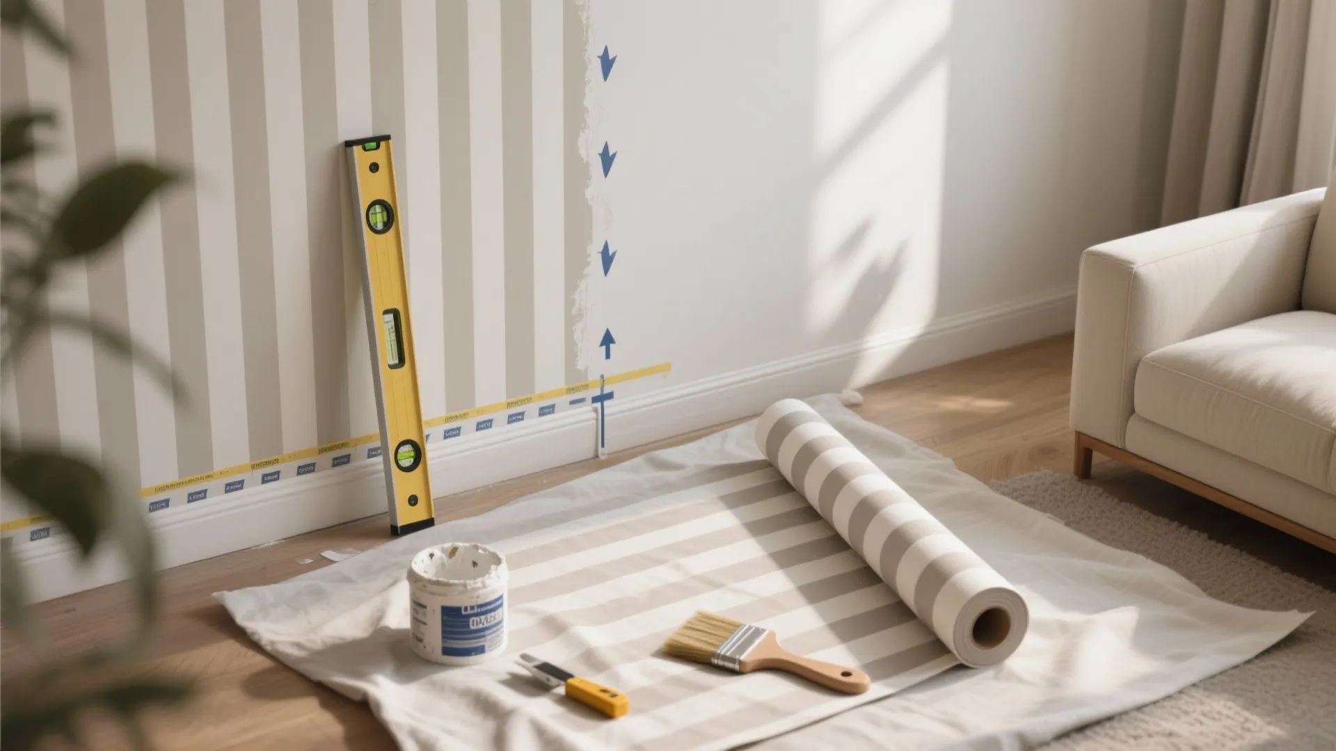 Wallpaper installation tools including a level brush paint and glue on a floor protective sheet