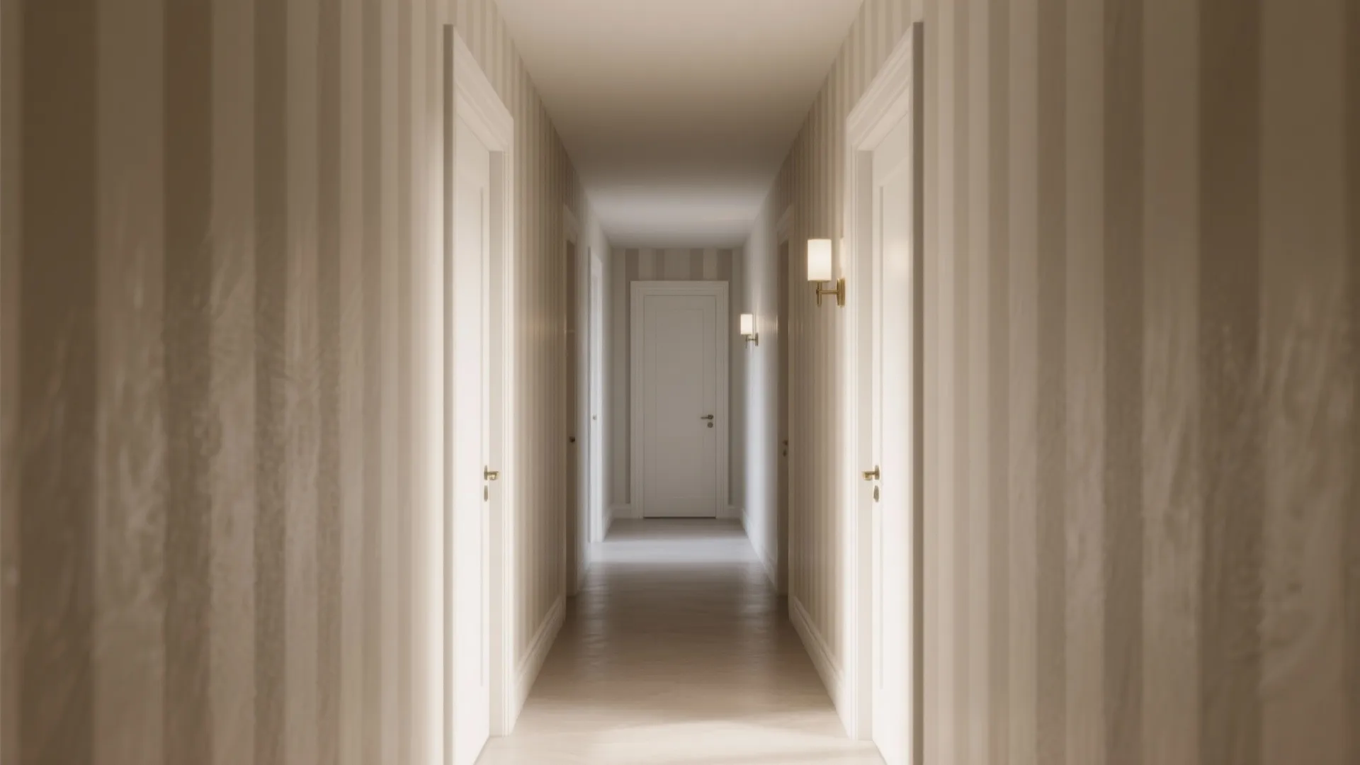 Bright hallway featuring striped wall panels white doors wall light fixtures and a clean floor