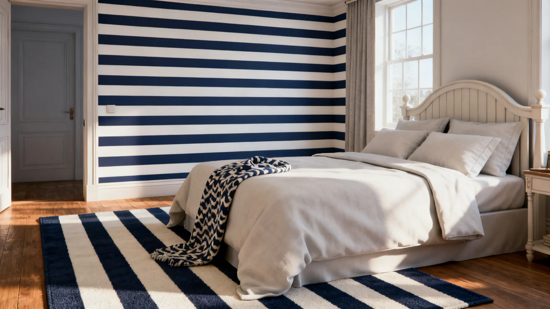 Bedroom with navy-and-white stripes on a feature wall or rug and simple solid bedding.