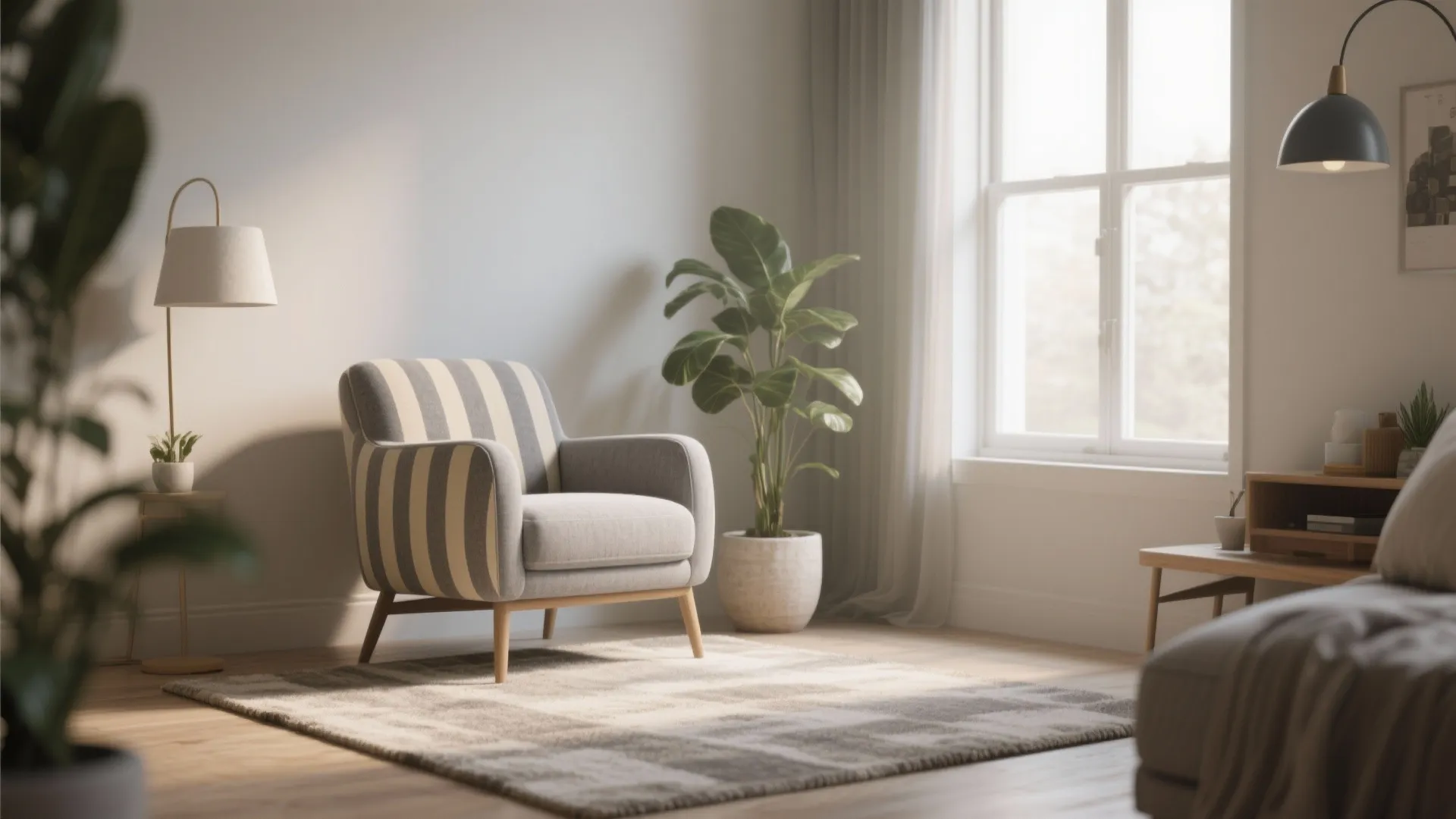Grey and cream striped accent chair in cozy corner