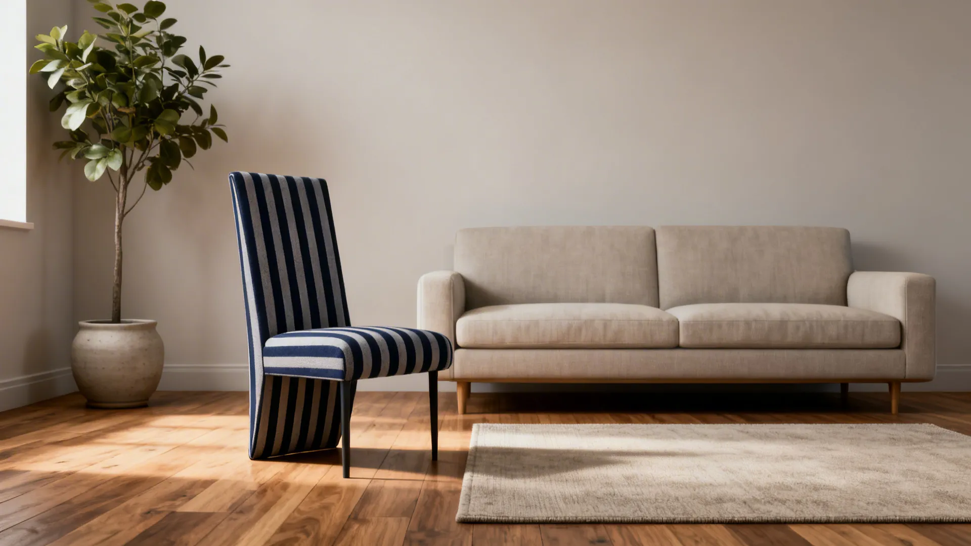 Narrow striped accent chair in a long small living room, used to balance proportions.