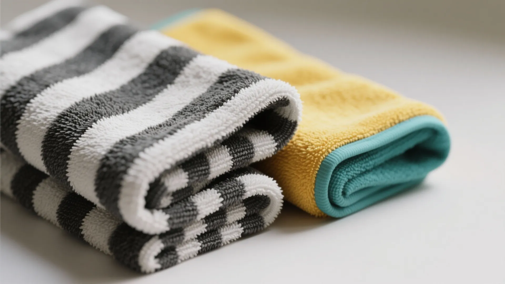 Soft grey striped towel and yellow bathroom towel folded neatly on a clean white surface