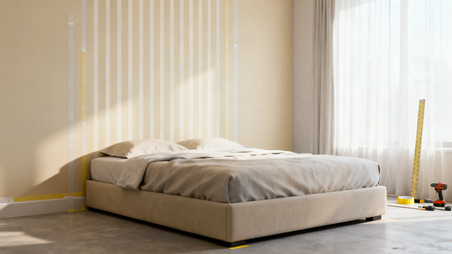 Narrow bedroom with pale vertical stripes behind the bed, showing tape and measuring tools.