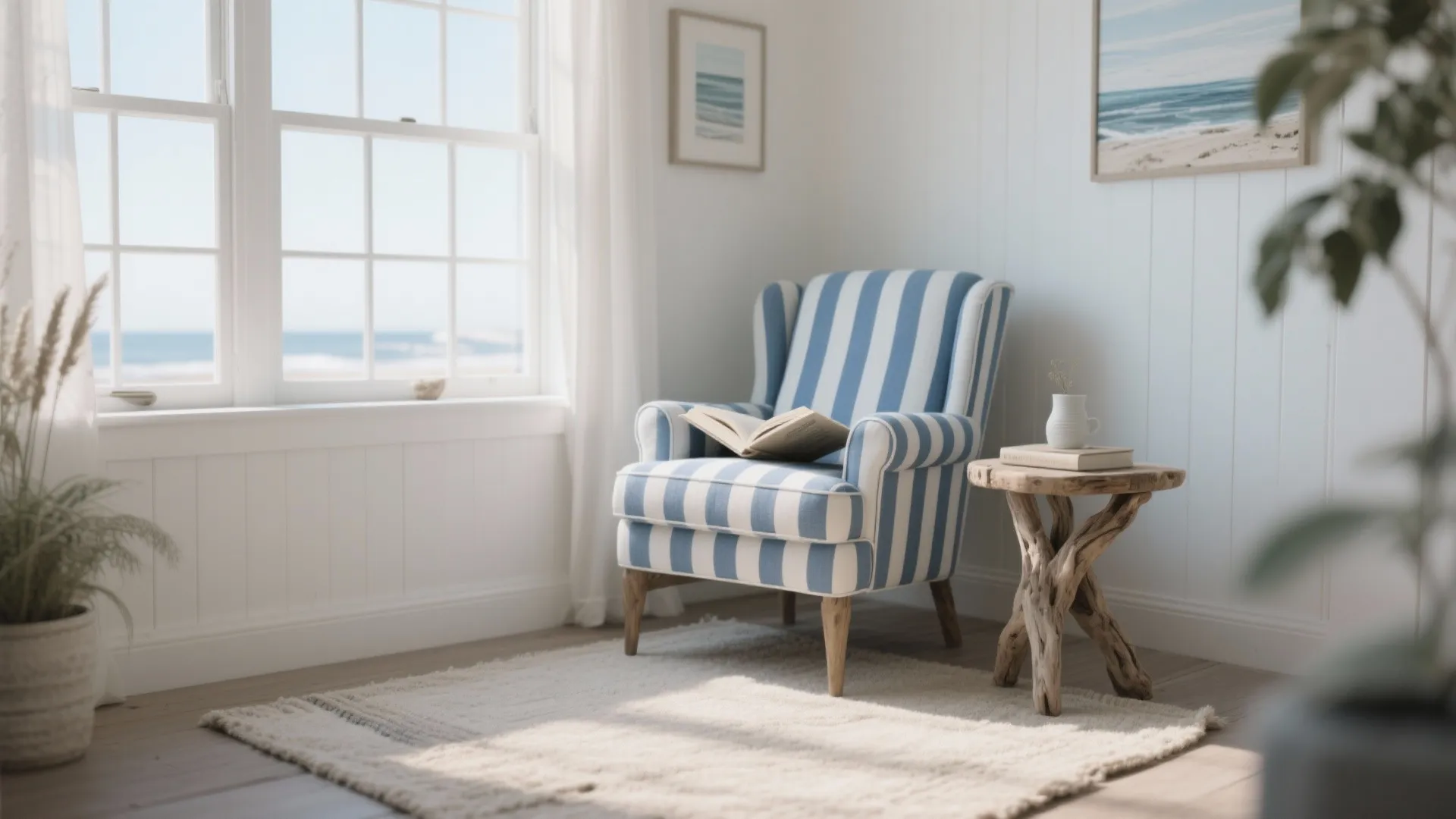 Blue and white striped armchair by a bright window with a small wooden rustic table