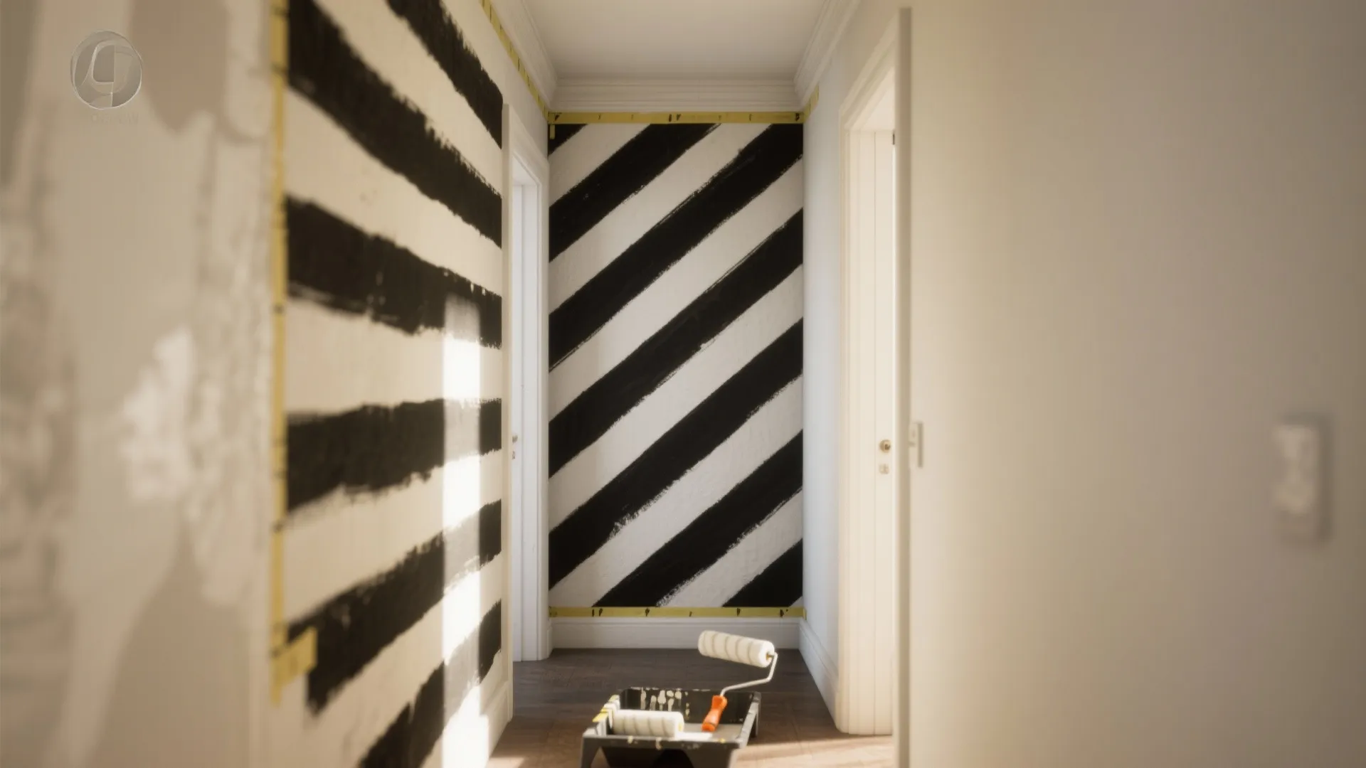 Hallway with black and white striped wall paint design including a paint roller and tray