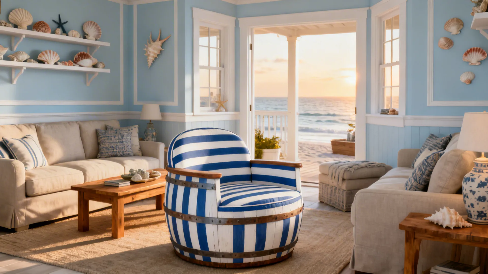 Nautical-striped barrel chair as an accent piece in a coastal-styled small living room