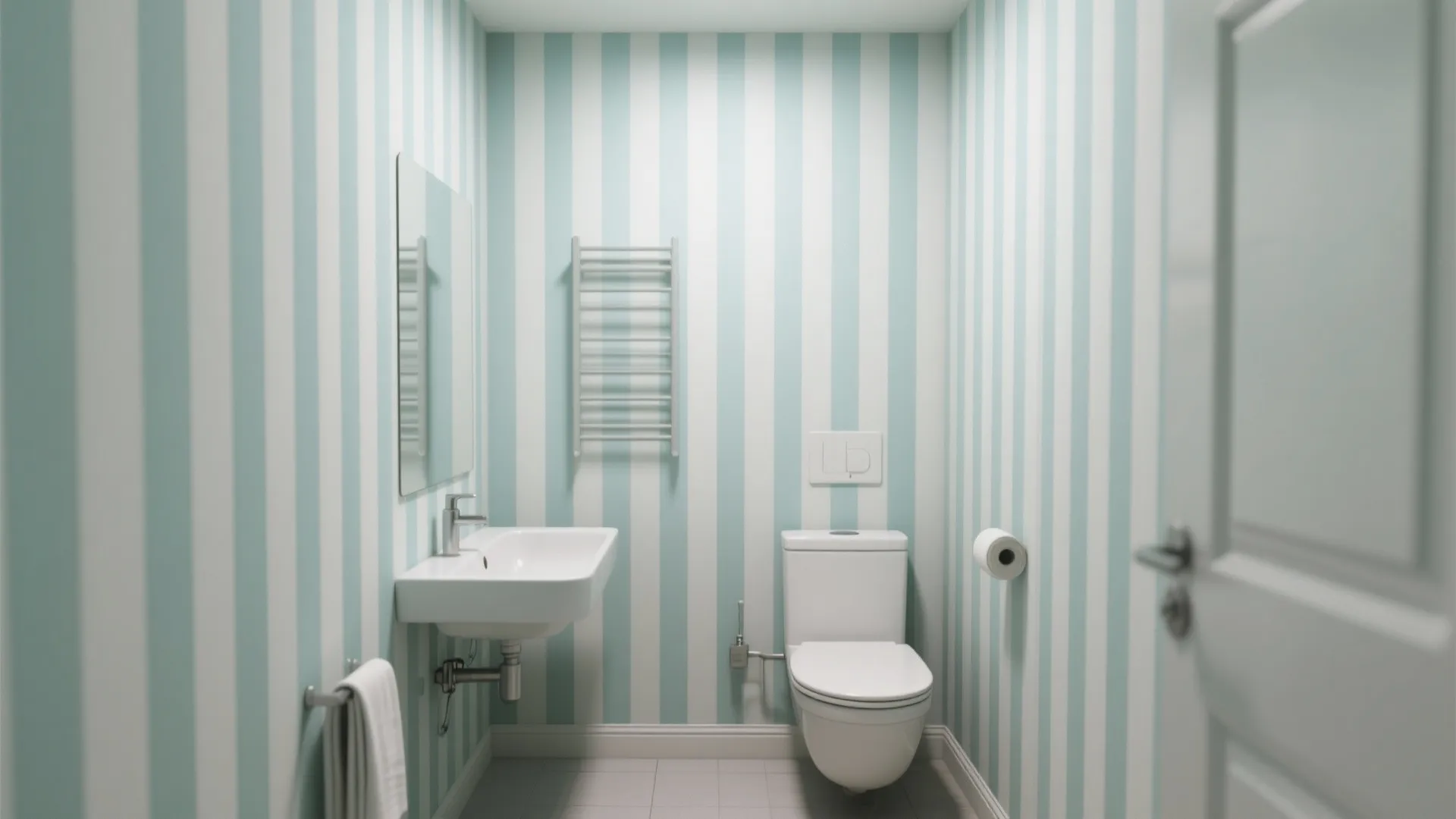 Small bathroom with light blue and white striped wall paper white toilet sink and rack