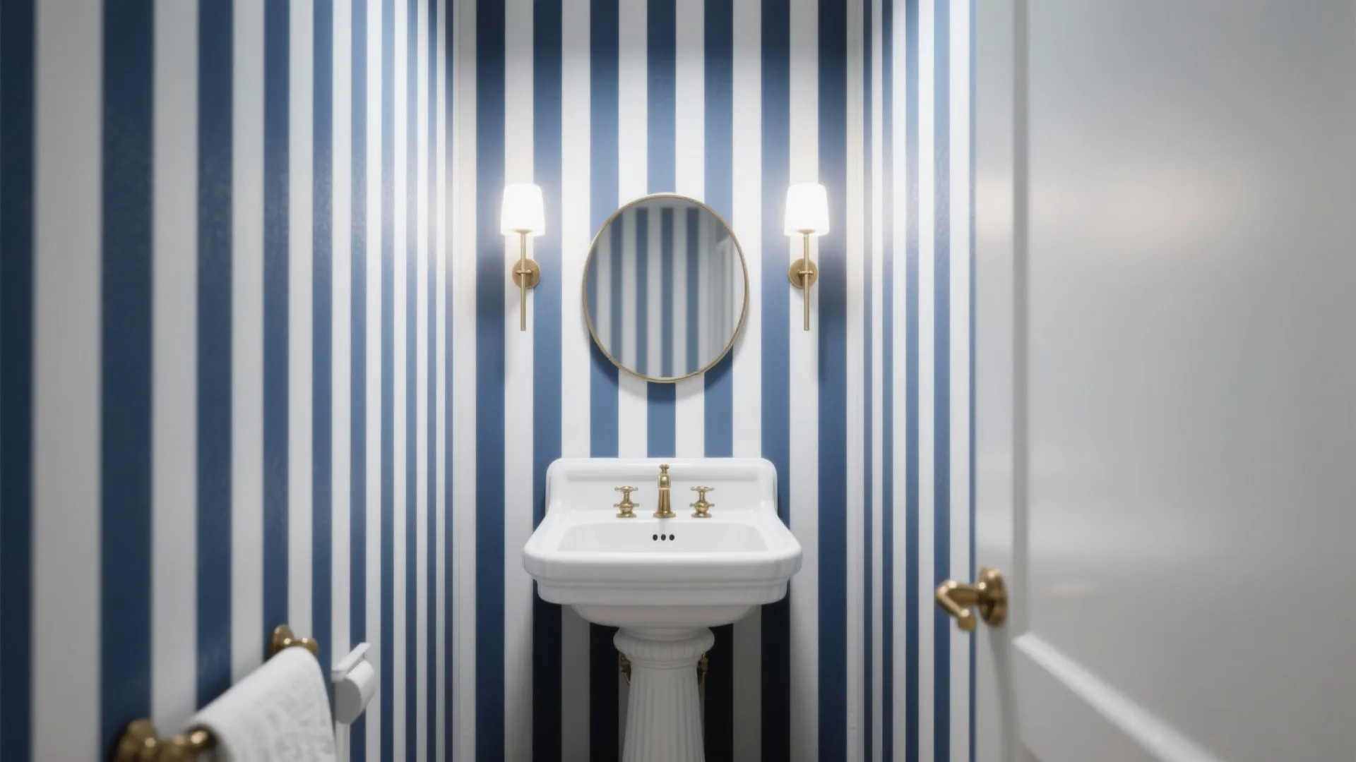 Small bathroom with blue striped wallpaper white pedestal sink round mirror and two wall lights