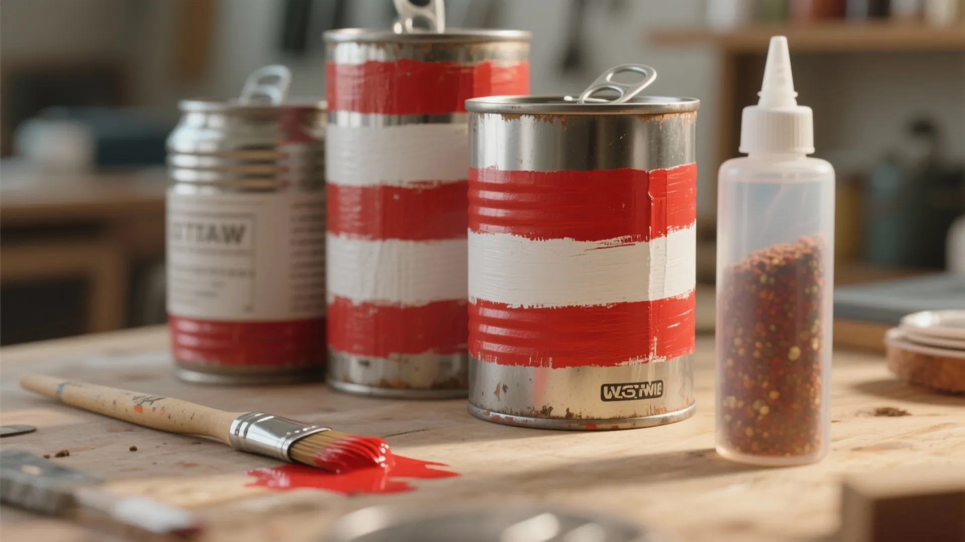 Metal canisters painted with red and white stripes on wooden table with paint brush tools