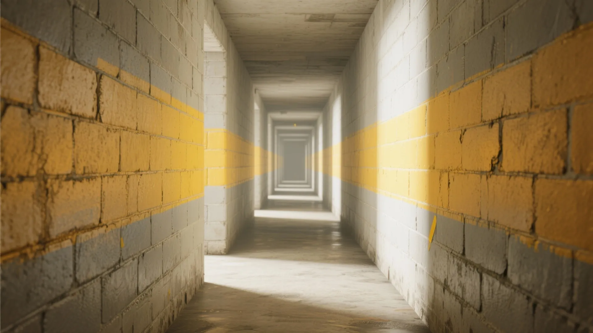 Long industrial hallway with brick walls and yellow stripes going into a foggy light background