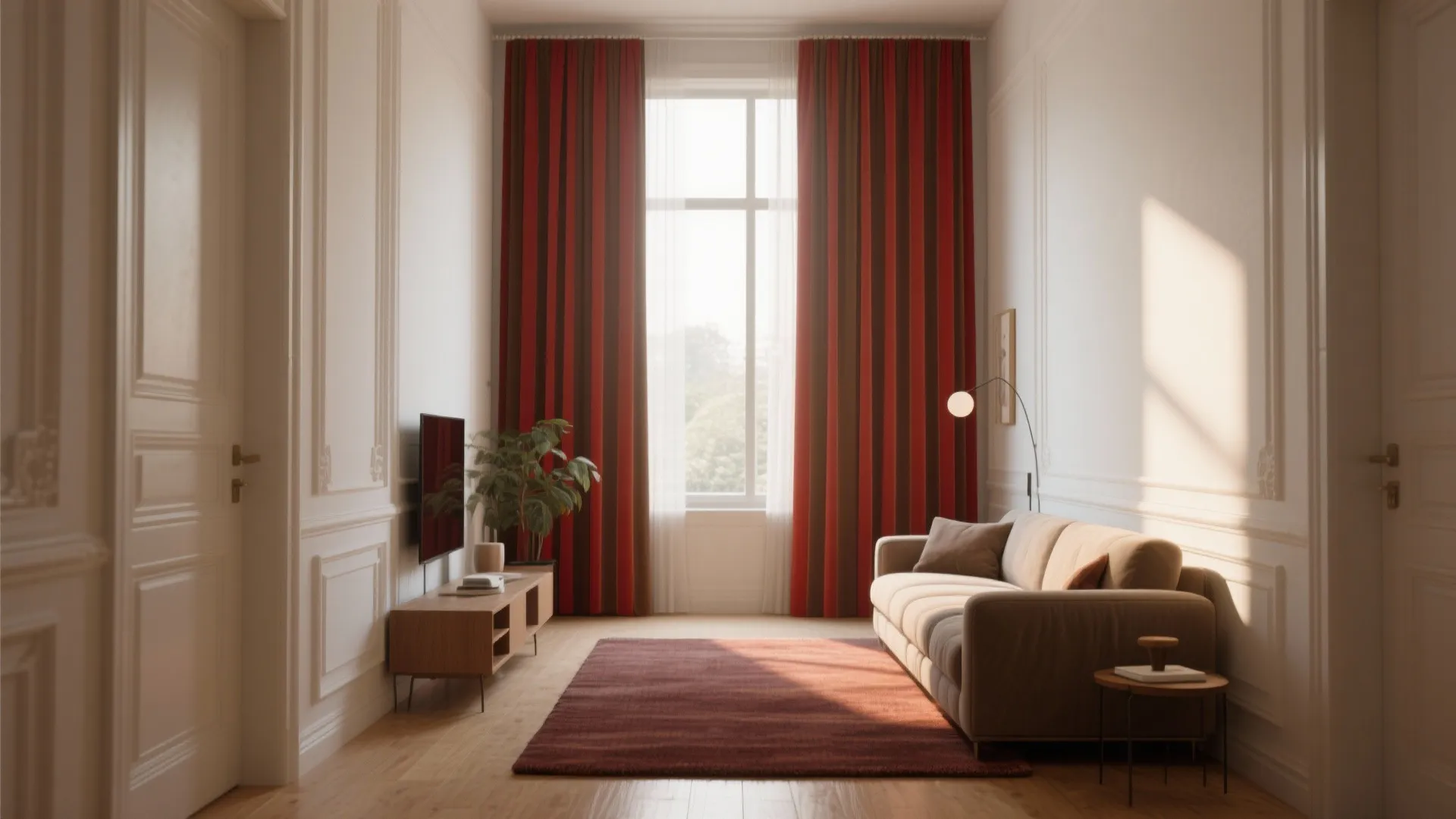 Vertical red and brown striped curtains in a narrow living room
