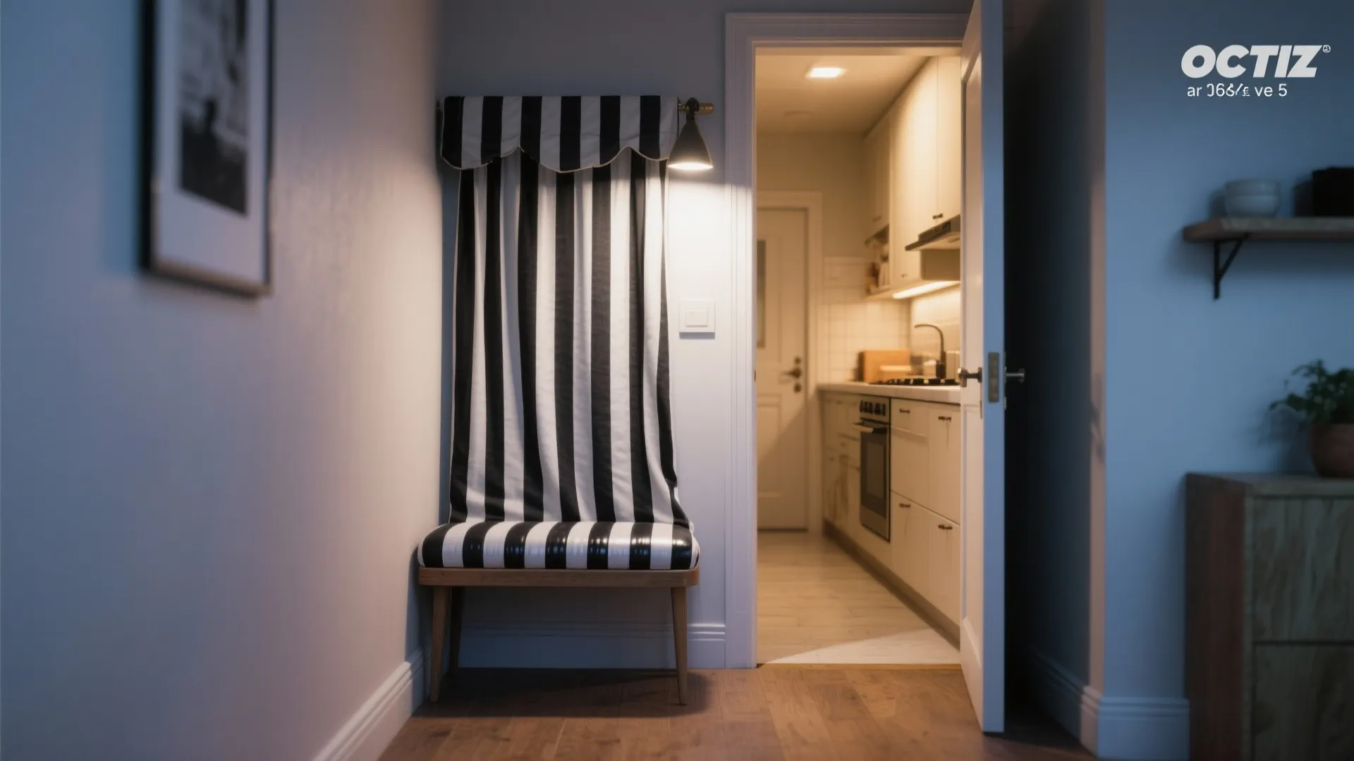 Entryway with black and white striped wall panel and bench next to a kitchen doorway view