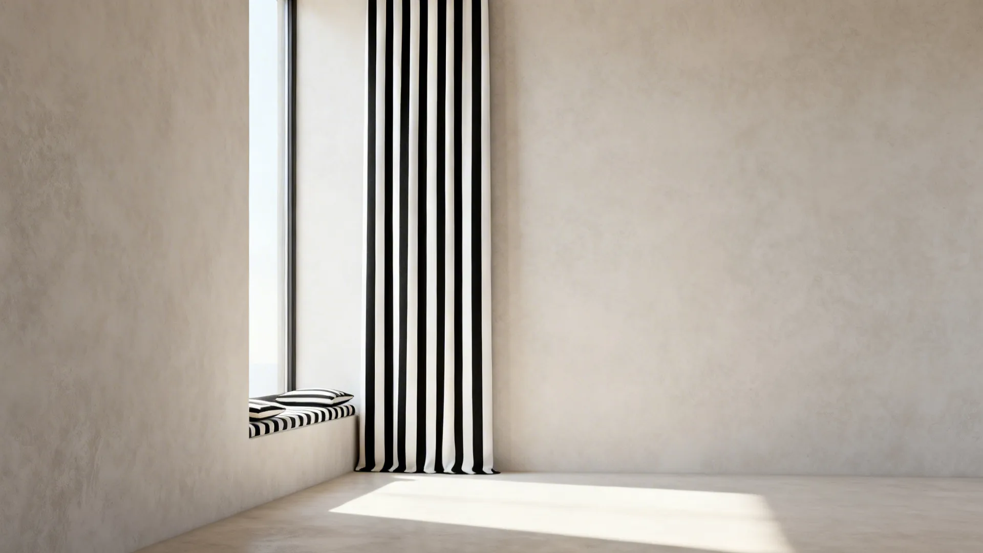 Narrow living room with vertical black-and-white striped curtains that create the illusion of height.