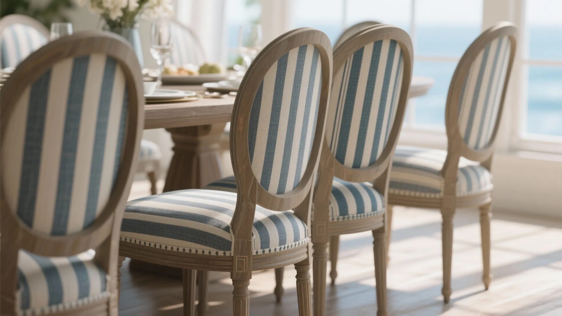 Elegant dining room featuring blue and white striped fabric chairs with classic wooden frame design