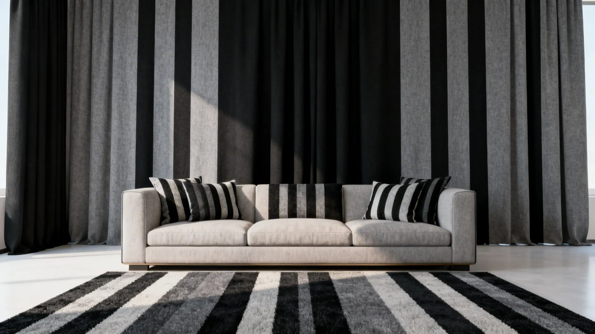 Modern living room with grey sofa striped pillows striped rug and black and grey curtain