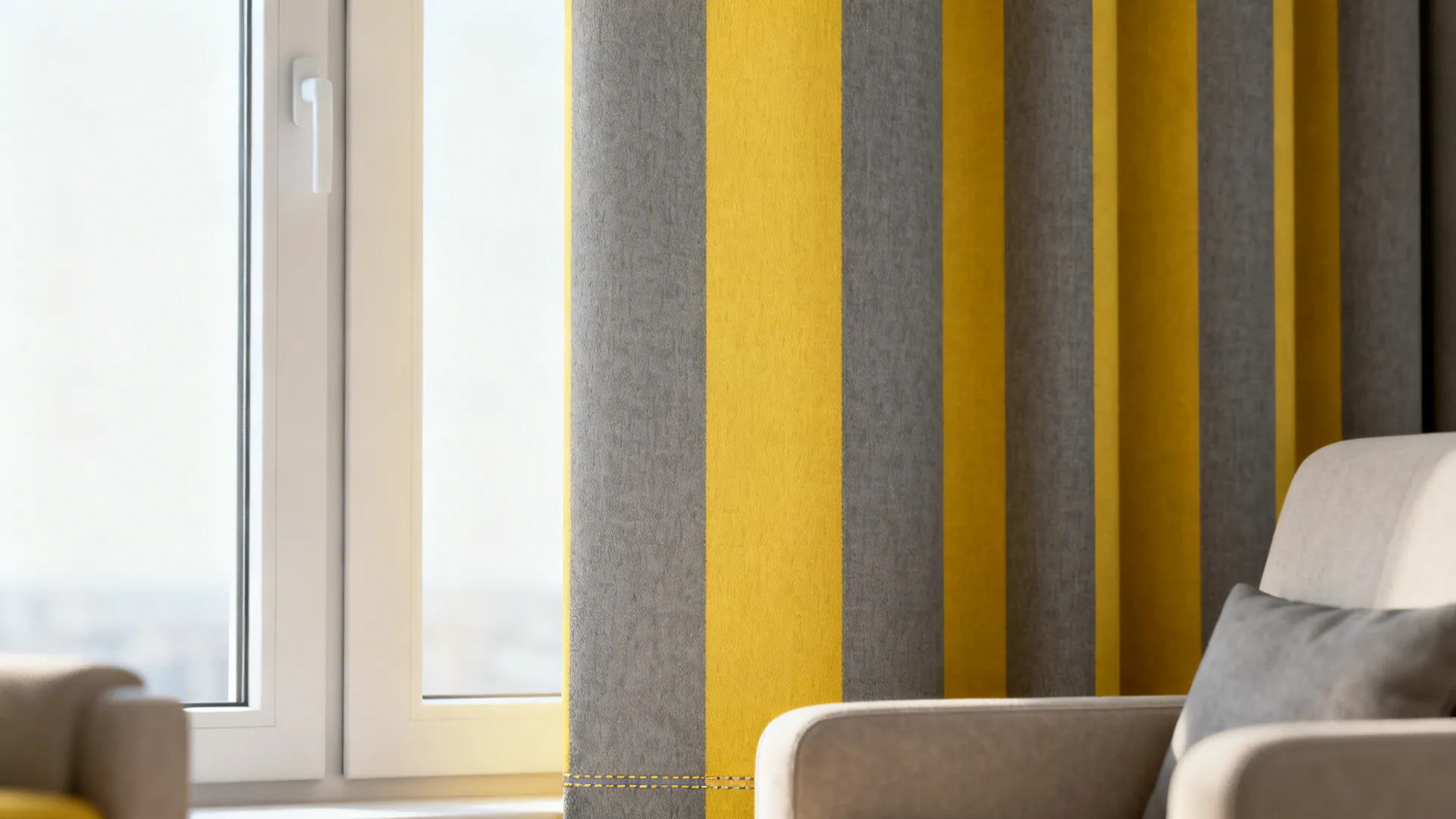 Window with vertical wide stripes in alternating grey and yellow for taller, wider appearance.