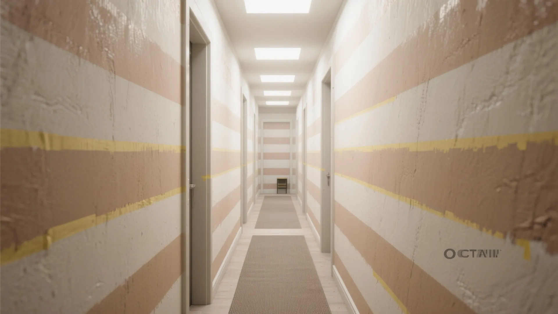 Long hallway with pink striped walls and white doors featuring square ceiling lights and floor rugs