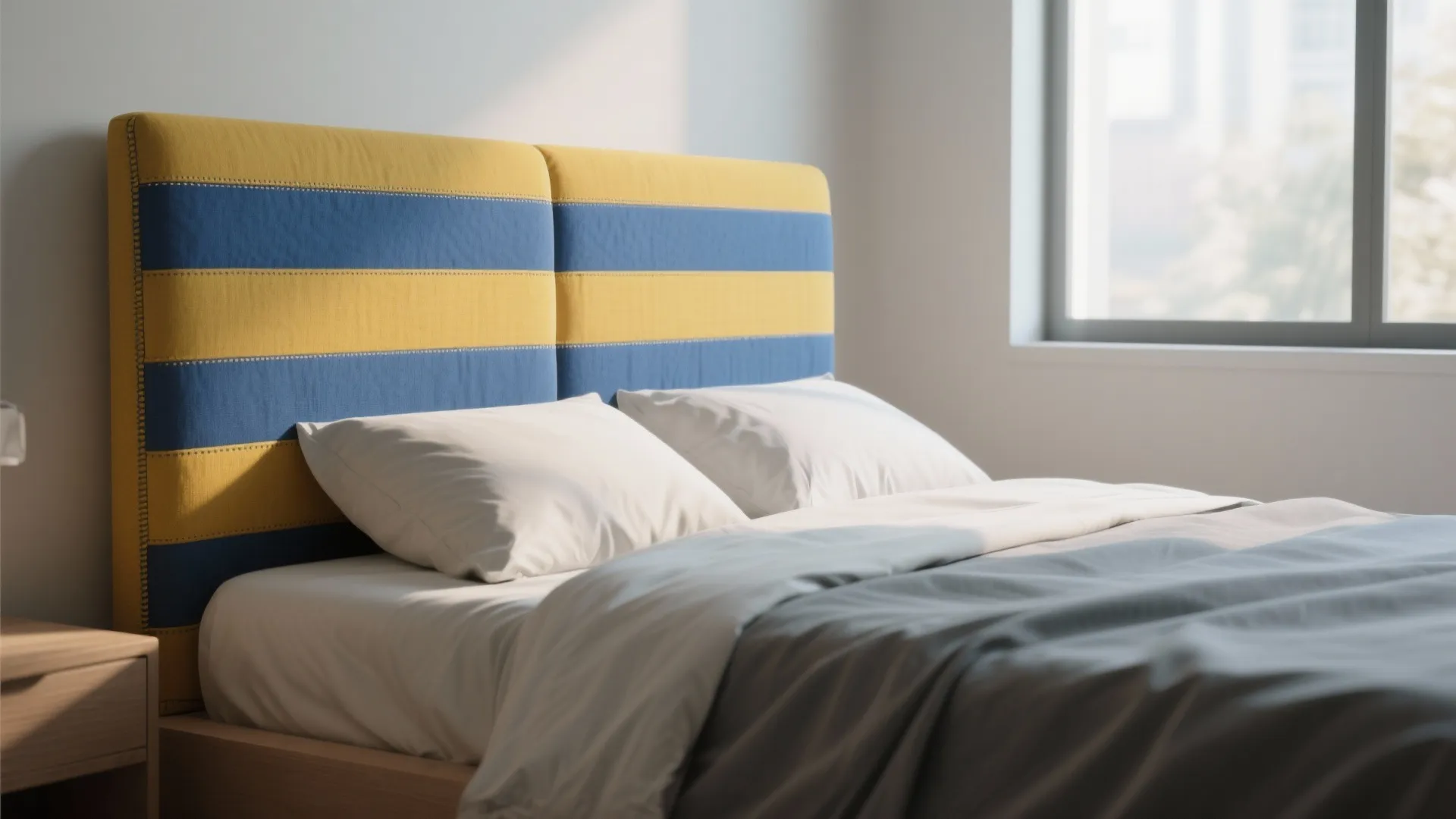 3. Color-Blocked Headboard: Horizontal Blue and Yellow Stripes