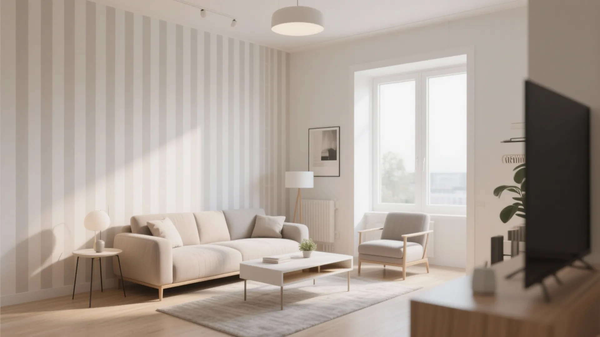 Vertical striped wallpaper in a bright modern living room