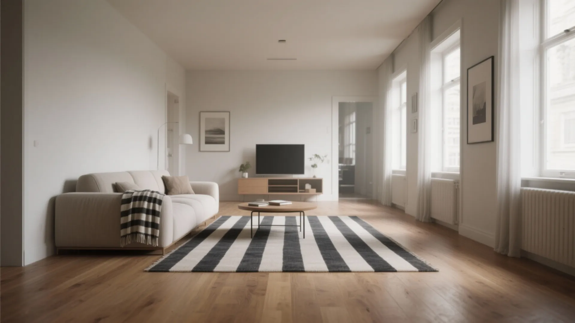 Stretch a narrow living room with subtle stripes