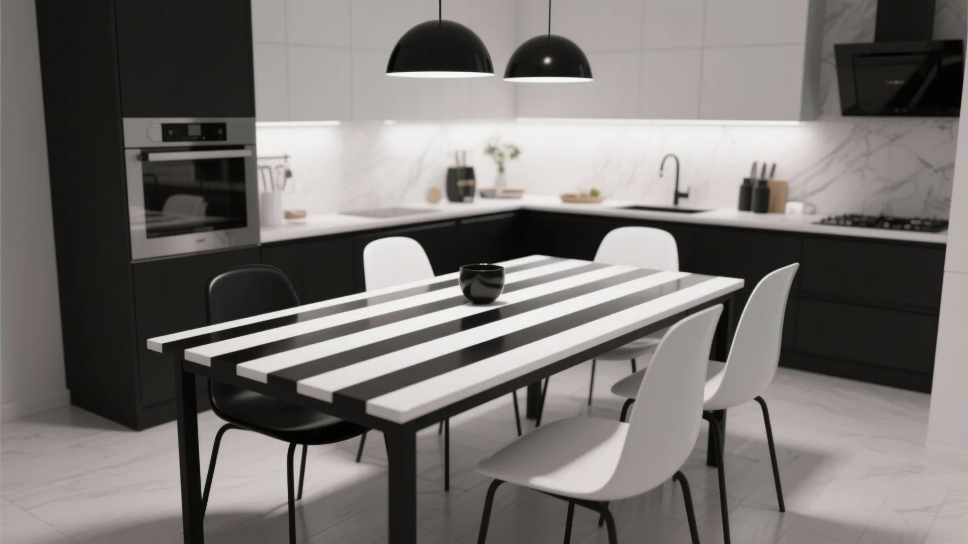Modern black and white kitchen with striped dining table and black ceiling lights and chairs