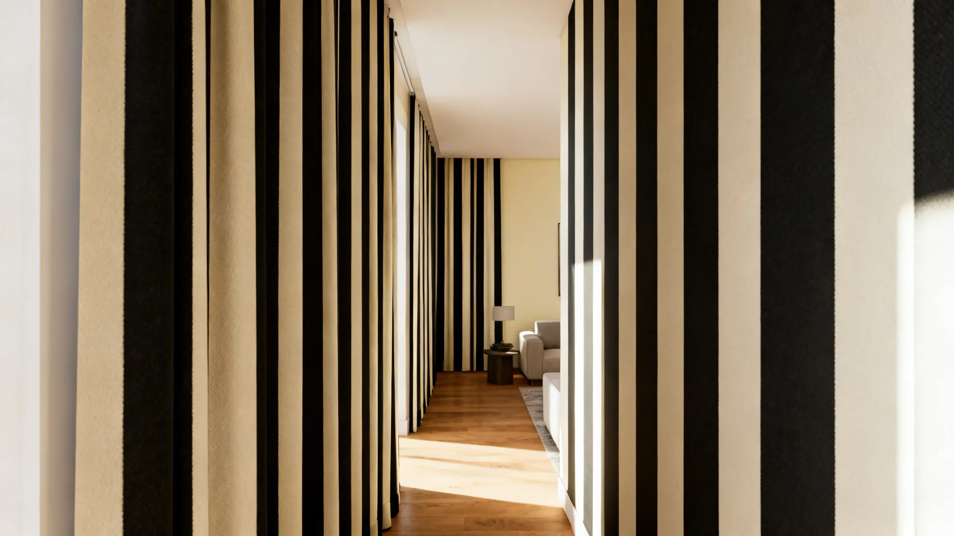 Narrow living room with vertical black-and-cream striped curtains creating height.