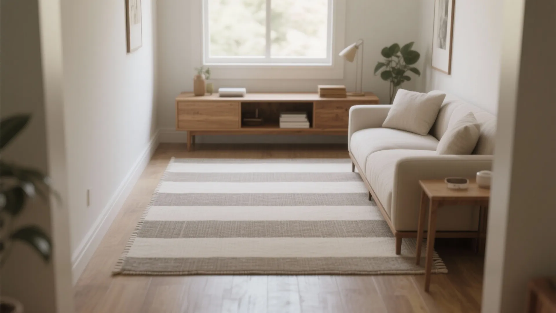 Narrow living room with horizontal striped 5x7 rug