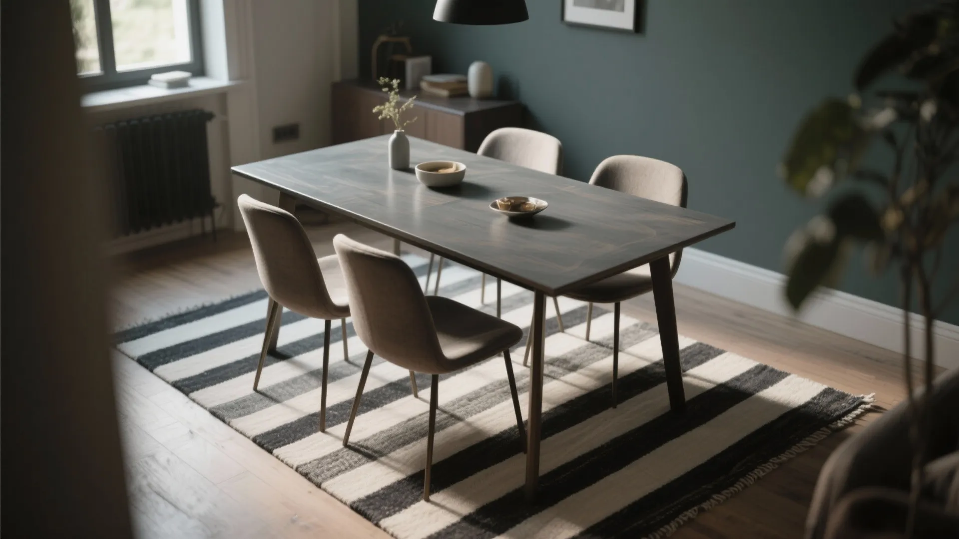 Black and white striped rug under dark table with four beige chairs against green wall