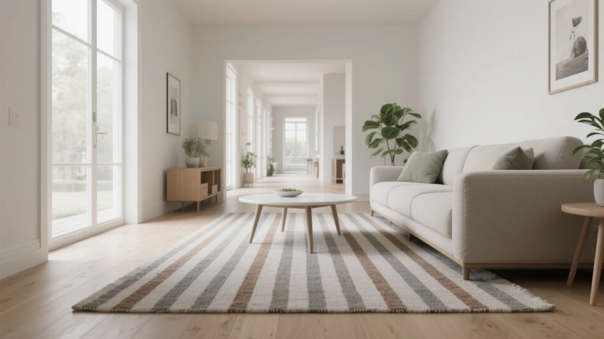 2) Striped rugs to elongate and widen