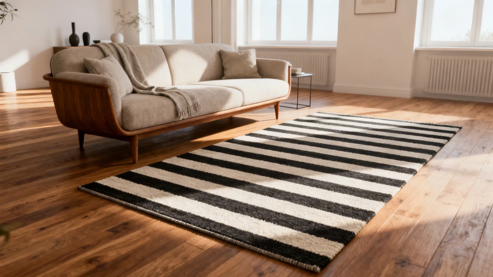 Small living room with a low-contrast striped rug laid parallel to the sofa to elongate the space.