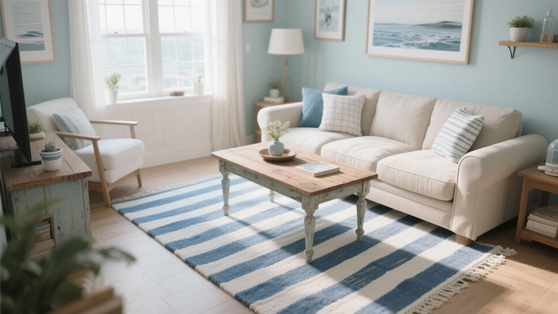 Living room with blue striped rug white sofa wooden coffee table light blue walls and windows
