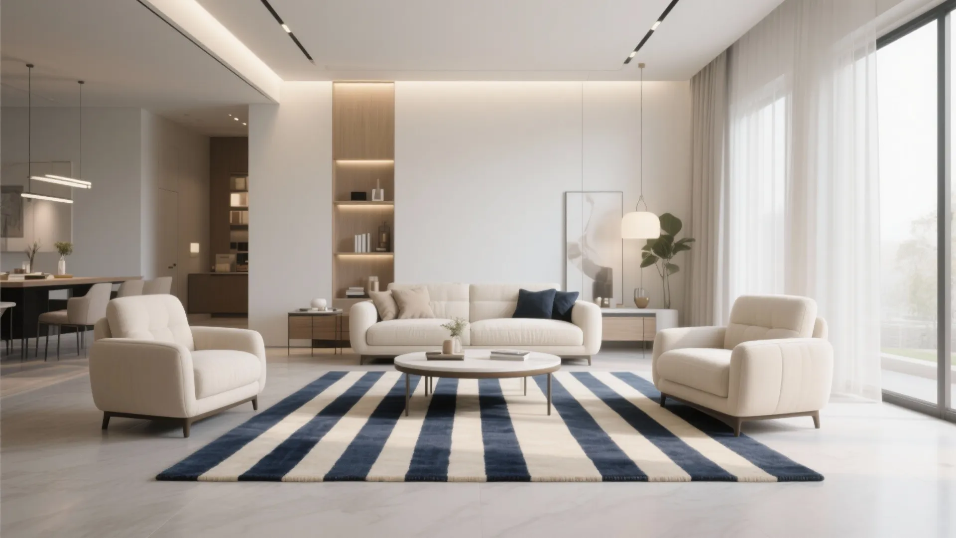 3. Navy and Cream Striped Rug