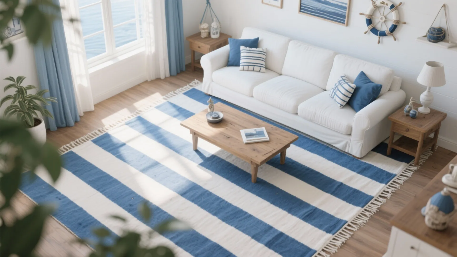 Living room top view with blue and white striped rug white sofa and wooden table