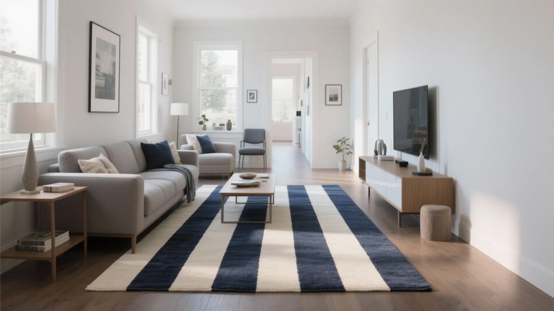 Narrow living room with striped rug to widen look