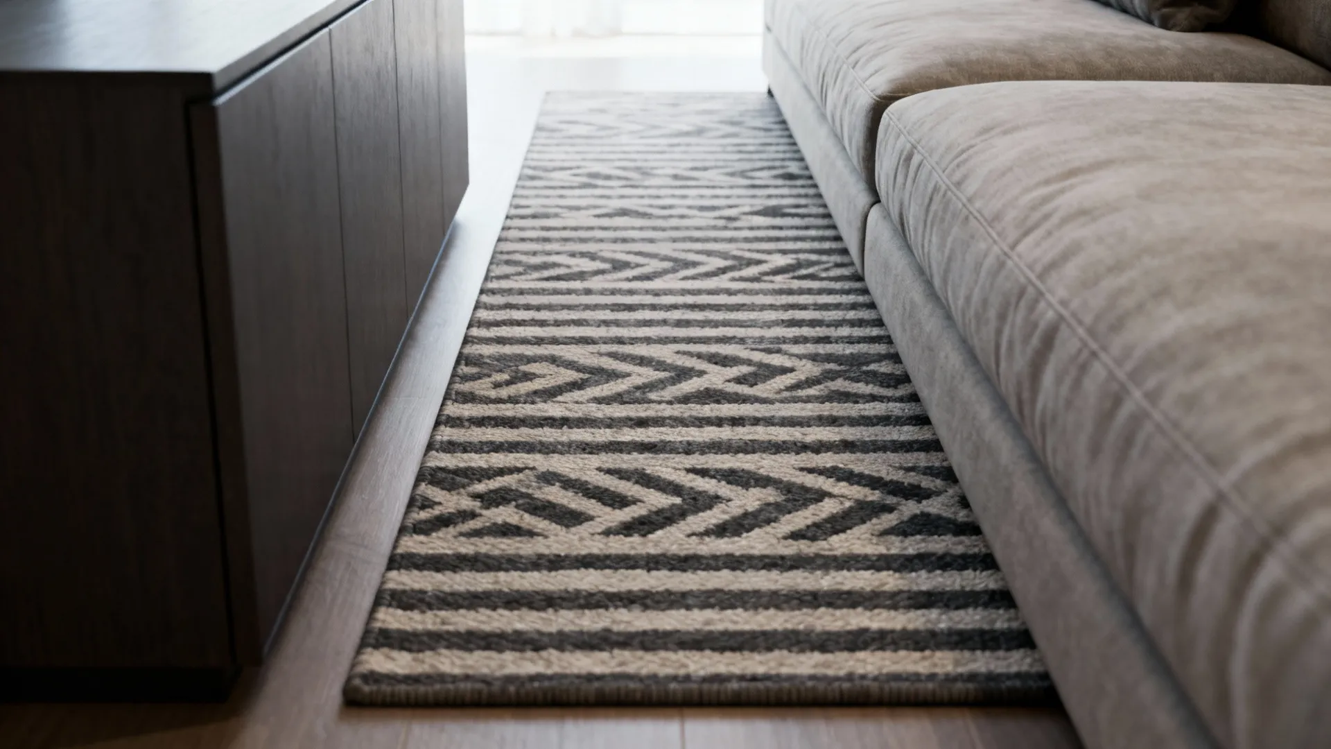 Modern striped area rug placed on wooden floor between dark cabinet and grey fabric sofa