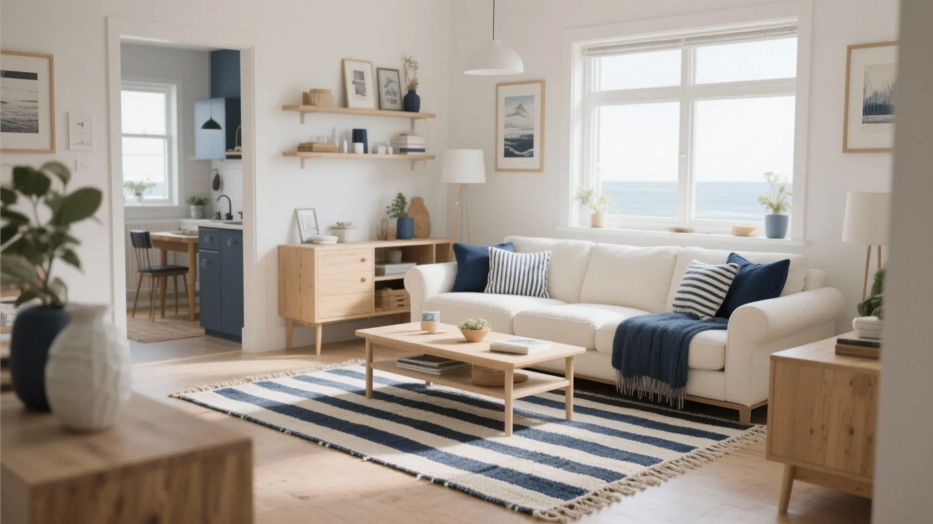 3. Navy and Cream Striped Rug