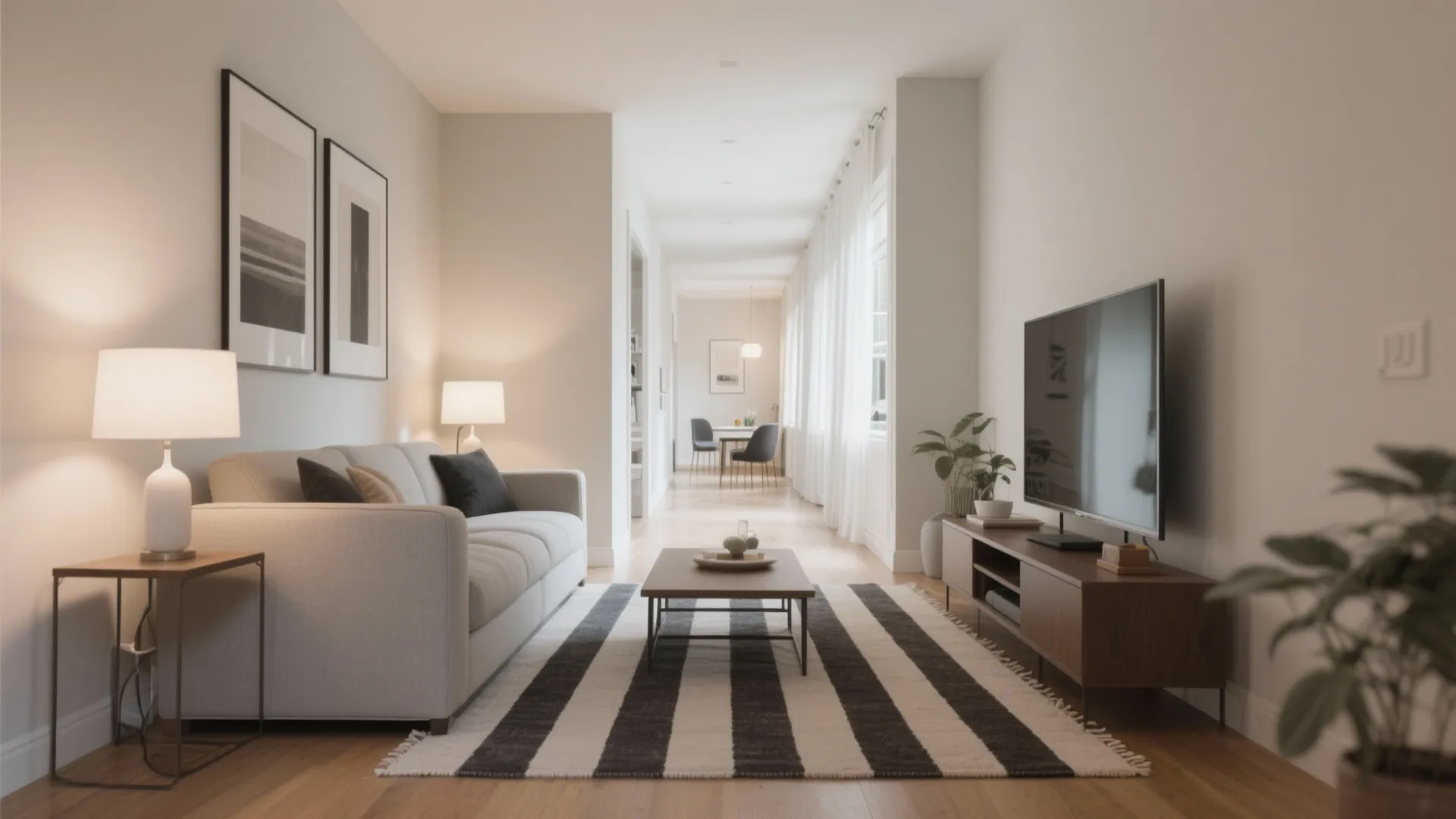 Minimalist living room featuring a grey sofa, black and white striped rug, and wooden cabinet