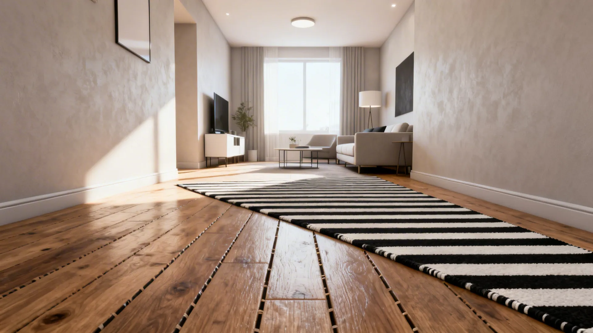 Narrow living room with a black-and-white striped rug rotated to widen the layout.