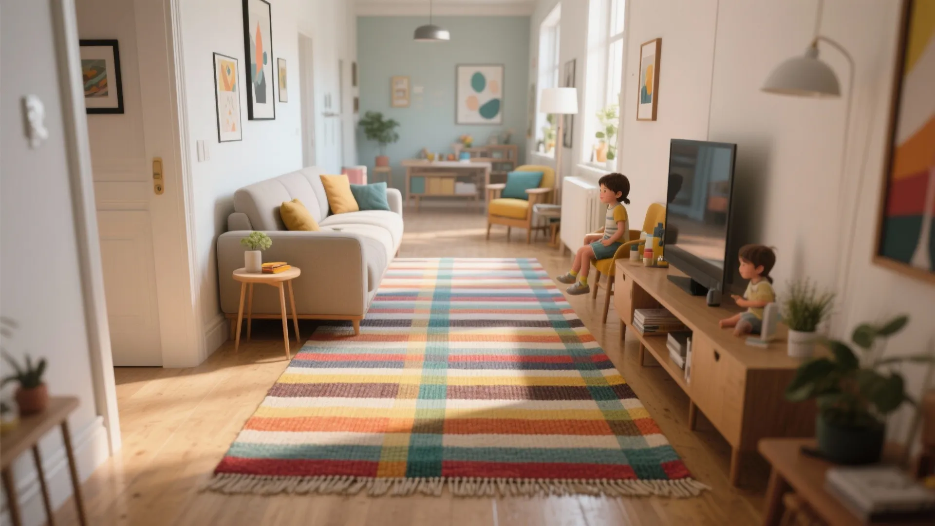 Bright living room showing a long colorful striped rug, grey sofa, television, and wood furniture