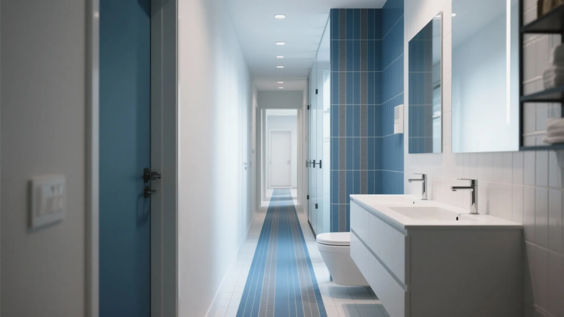 Modern long bathroom with white walls blue tiles white cabinet toilet and blue striped rug
