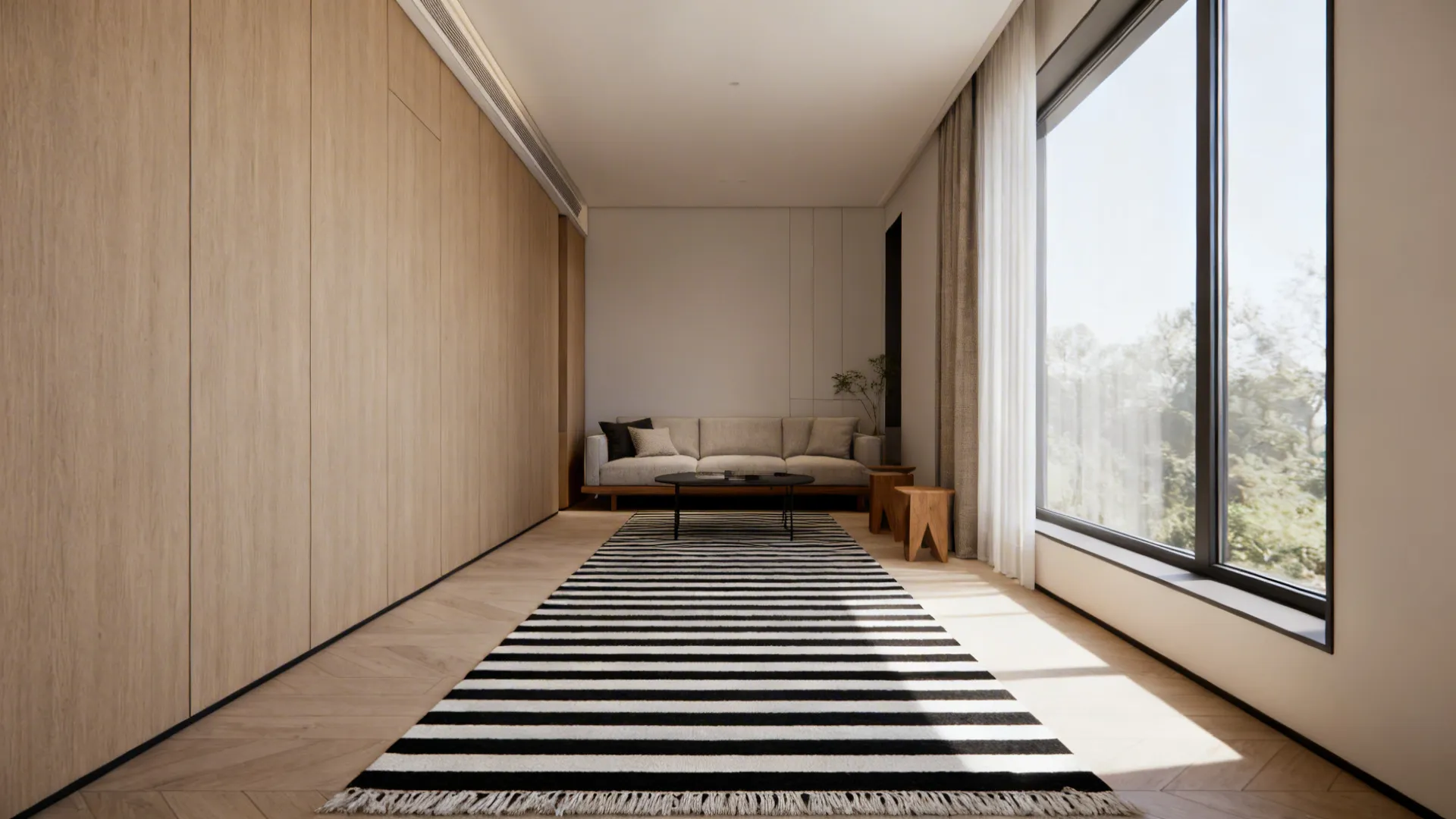 Modern living room featuring black and white striped rug wooden wall panels and large window