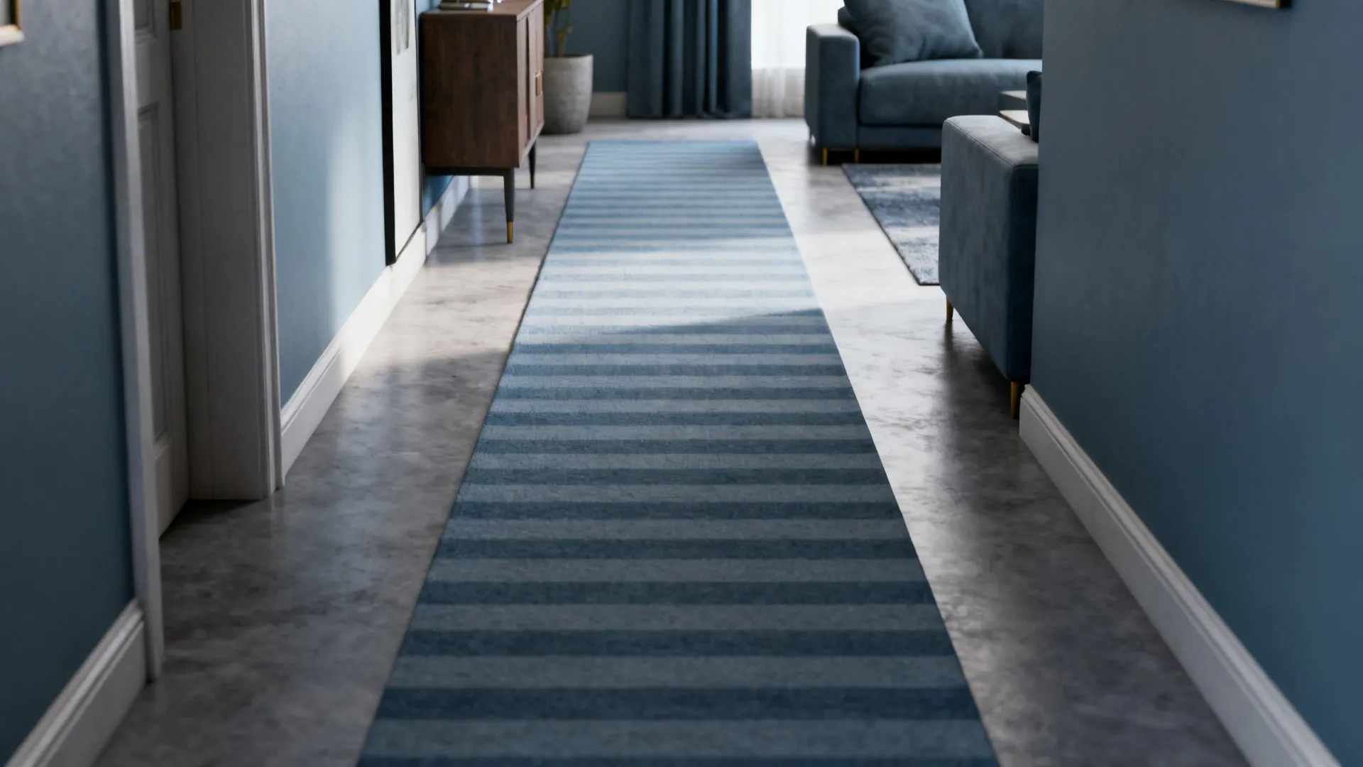 Narrow living area featuring a subtle striped blue-grey runner that elongates the space.