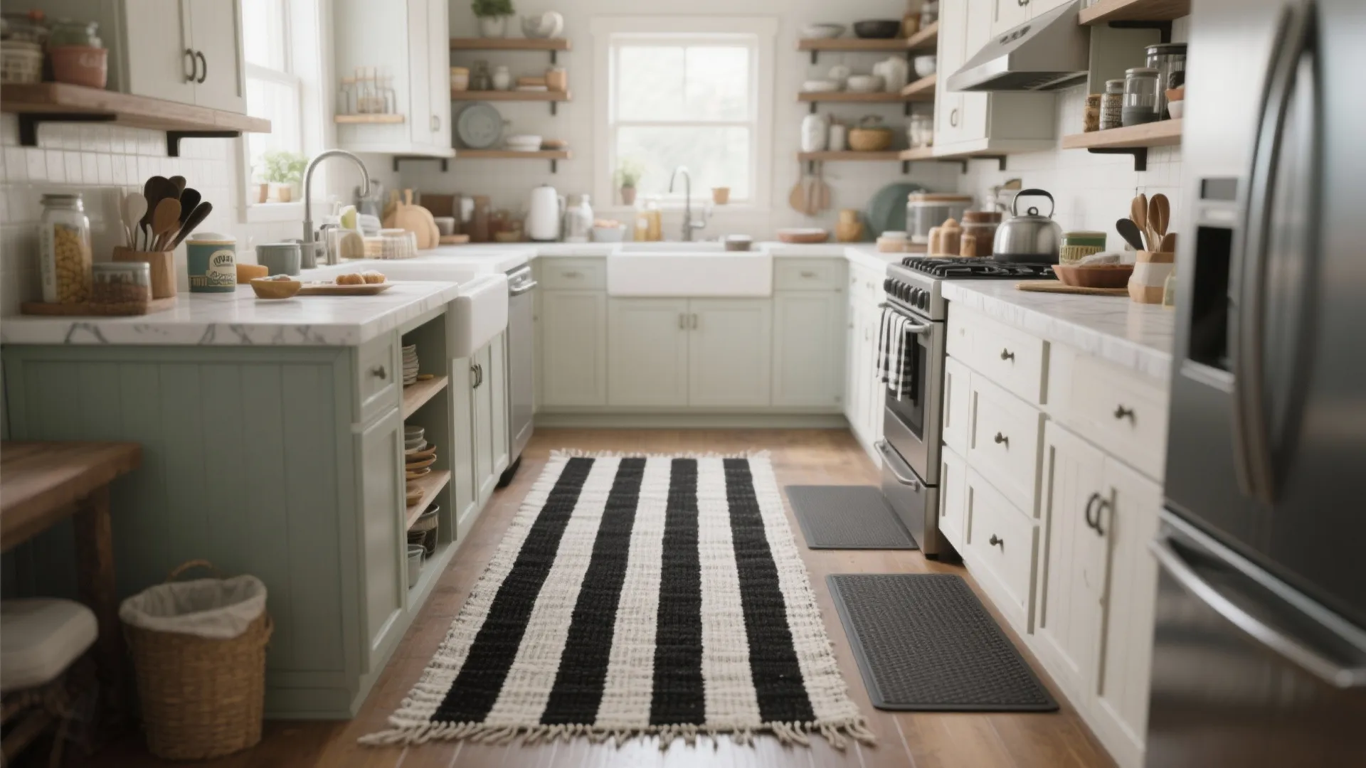 Rustic kitchen with green cabinets, white marble counters, wooden shelves, and black striped floor rug