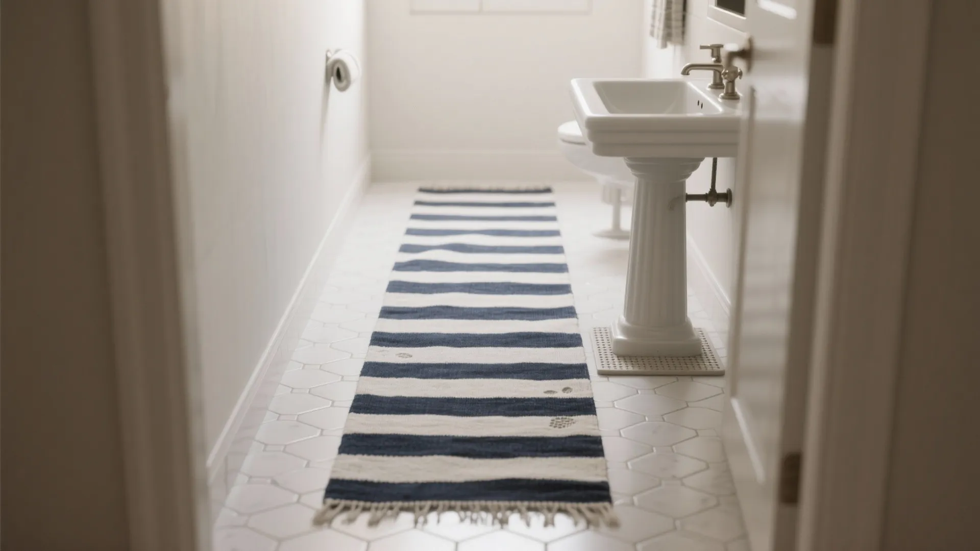 1. Striped runner for a narrow bathroom