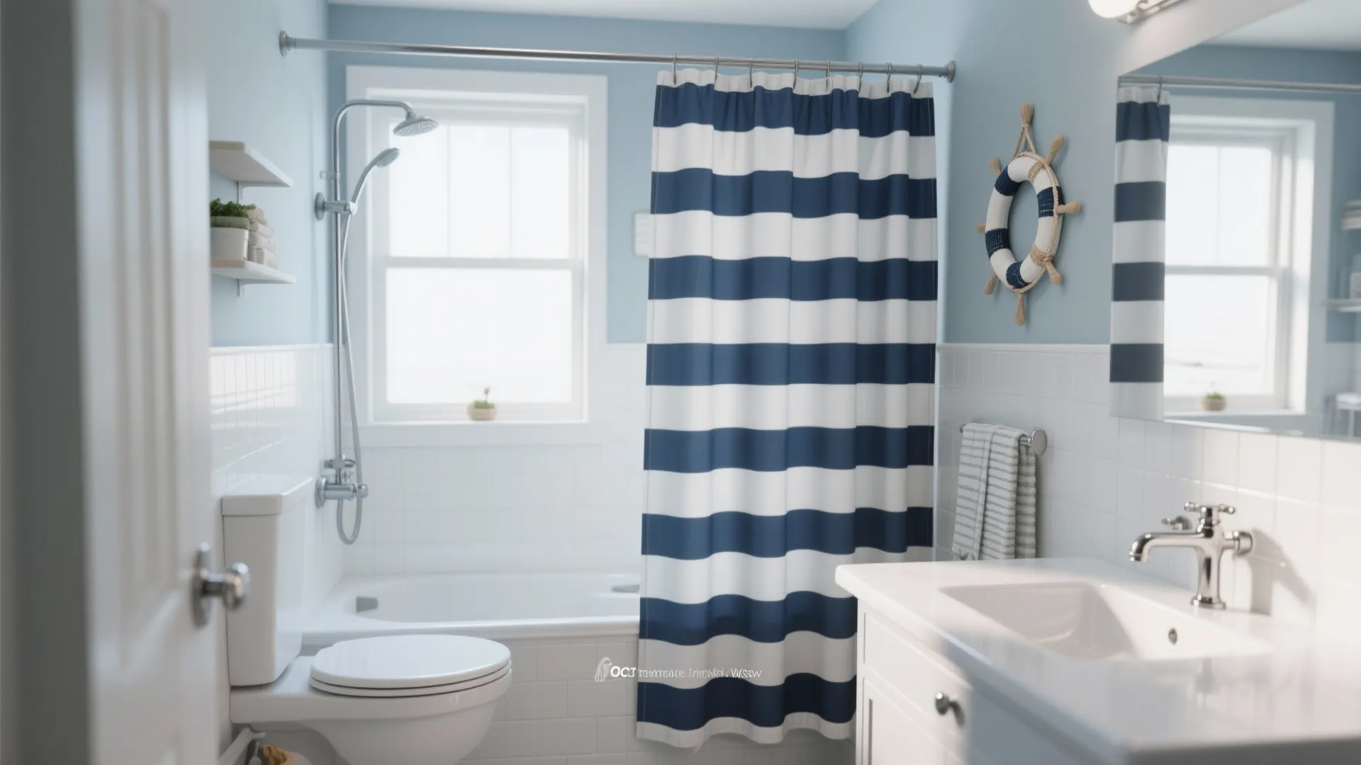 Modern blue and white striped shower curtain in a bathroom with sink and white toilet
