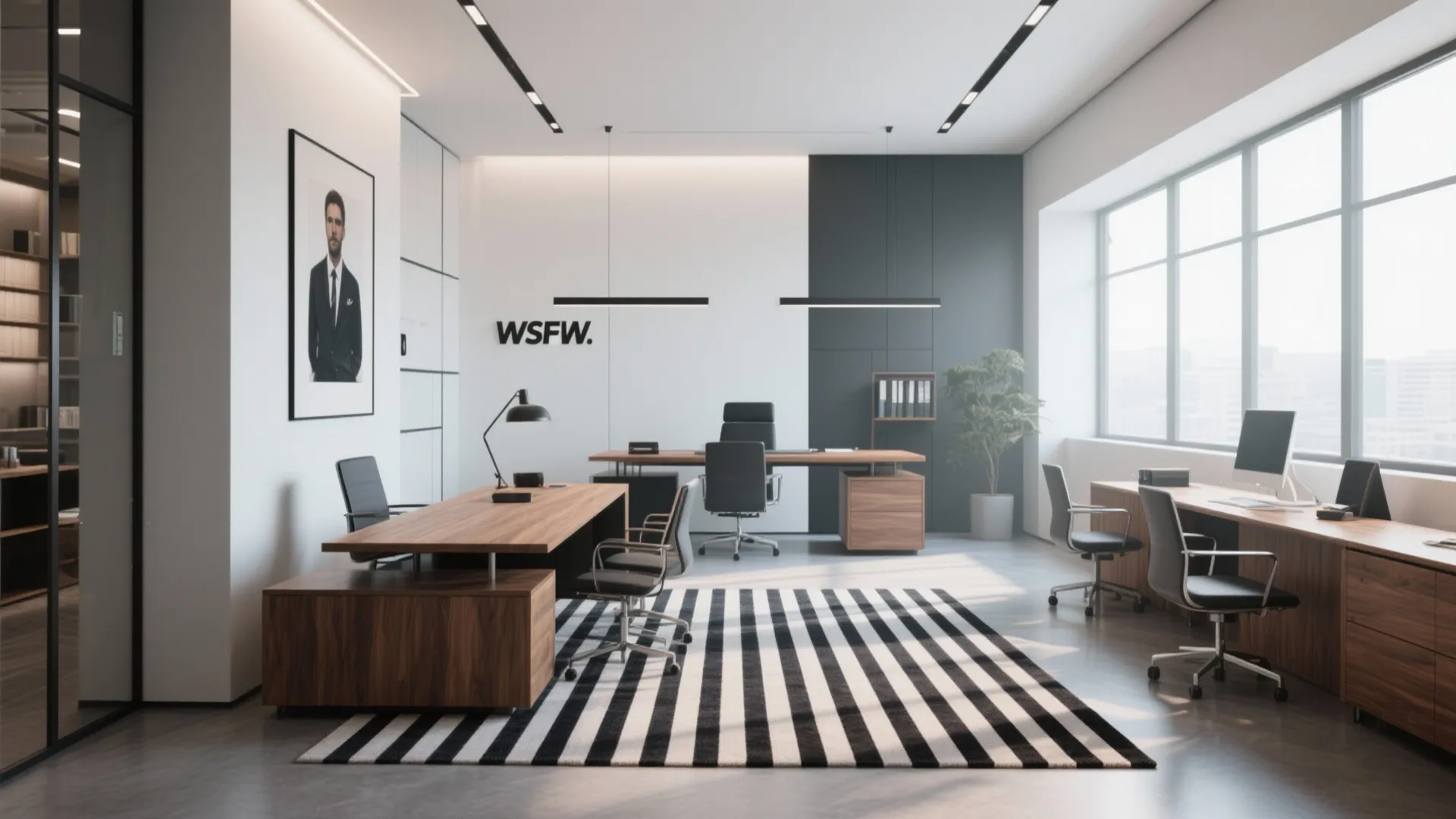 Modern men's office with bold striped rug