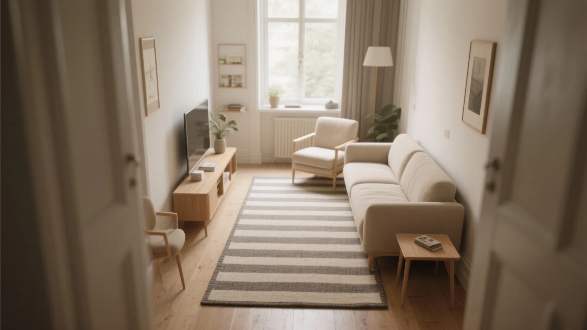 Narrow living room with a low-contrast striped rug and light border, oriented lengthwise to elongate the space.