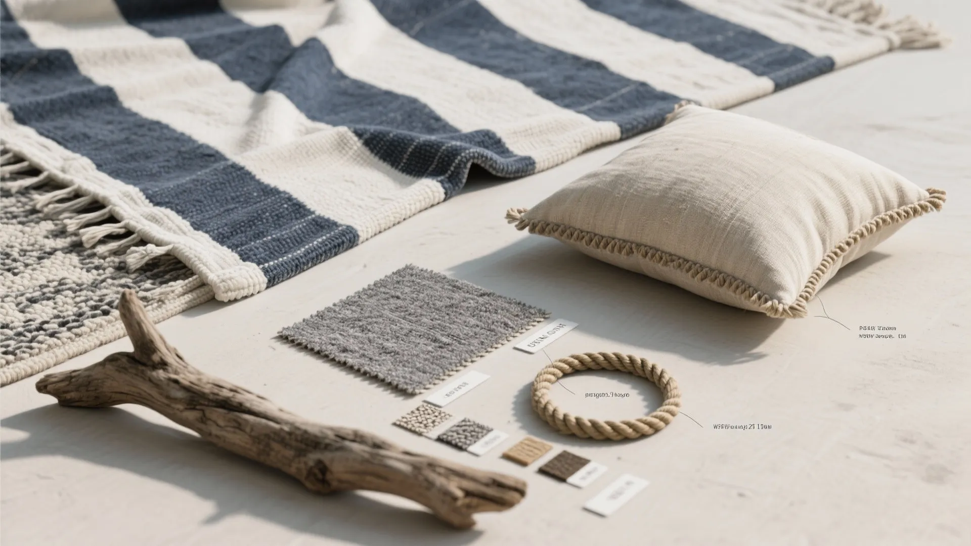 Top-down flatlay of striped navy throw, driftwood rug swatch, and natural linen pillow showcasing coastal textures.