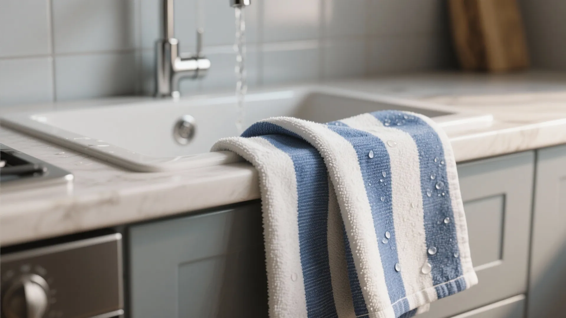 Close view of blue and white striped towel with water drops on kitchen marble countertop